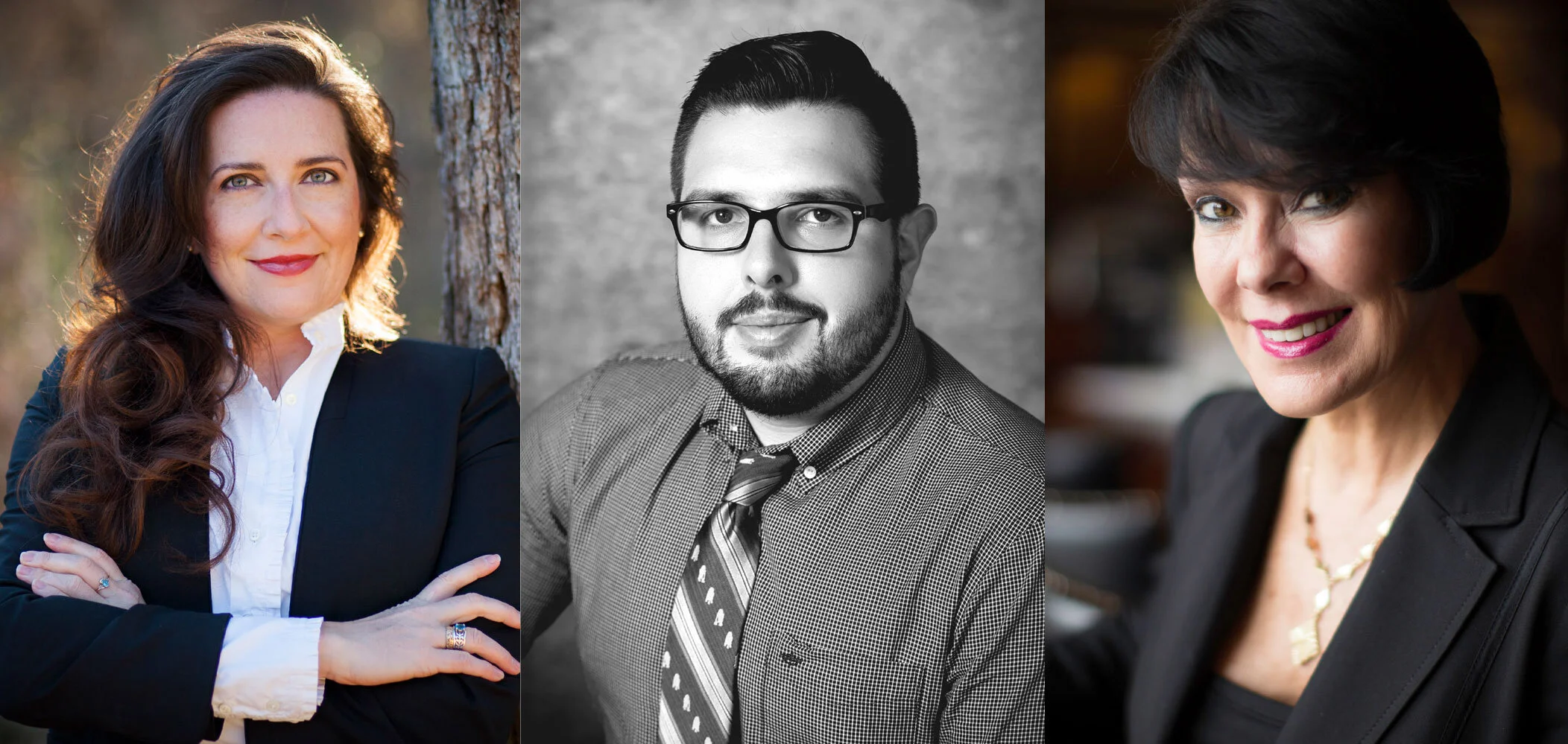 Three professional headshots of diverse individuals, two women and one man, all dressed in business attire, with a neutral background and confident expressions.