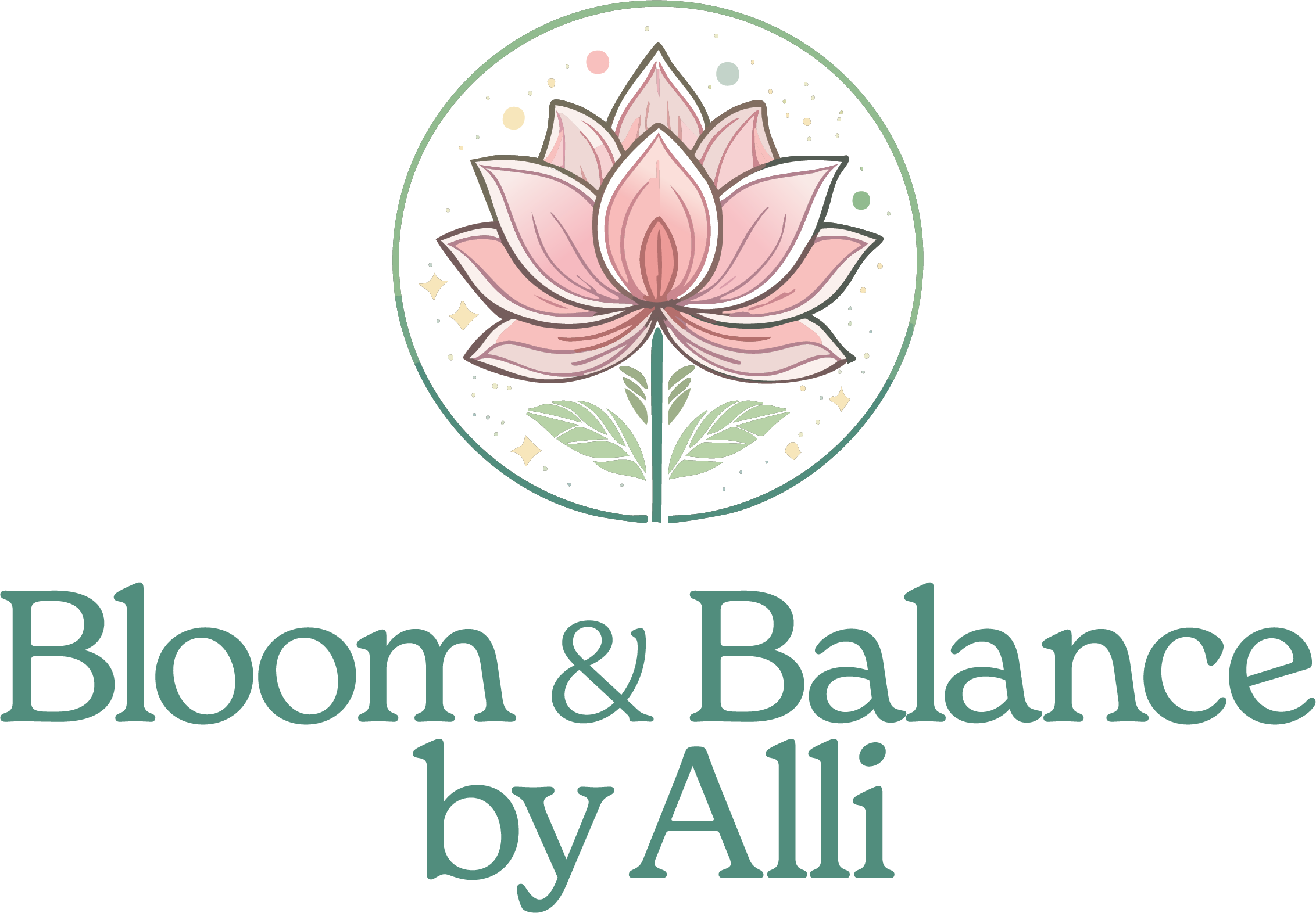 A logo with a pink lotus flower and green leaves encircled by a white background with small yellow, pink, and green dots, and the text 'Bloom & Balance' with the tagline 'by Alli' underneath.