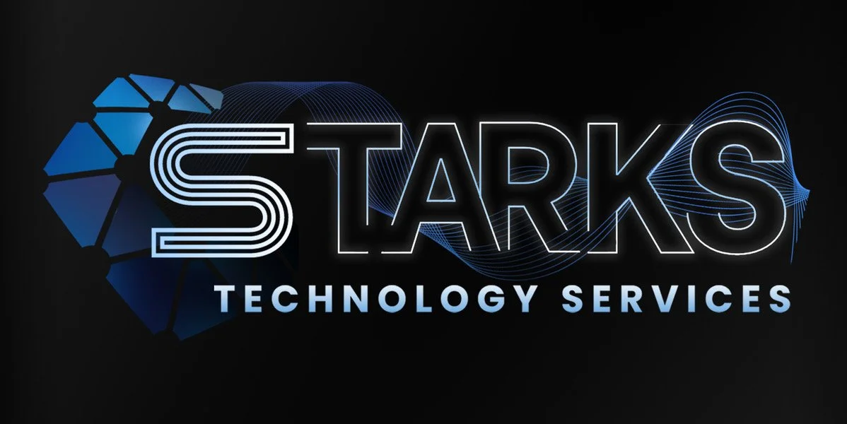 Starks Technology Services logo with stylized text and abstract digital design.