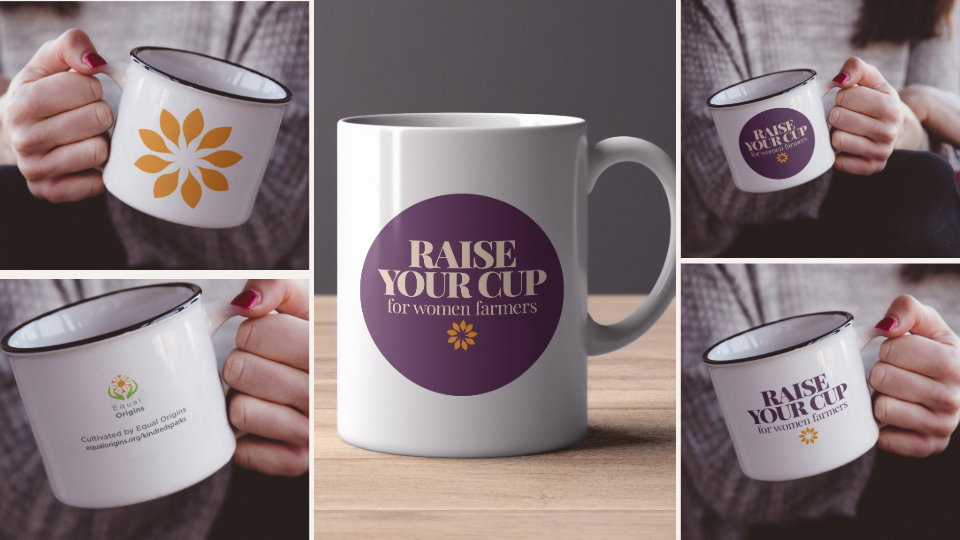 Collage of five images of a white coffee mug with different designs and logos. The center image shows the mug with purple circle and yellow flower, text 'Raise Your Cup for women farmers'. The other images display the mug held in hand, with one showing a yellow flower, one with a green logo, and others with the same purple logo.