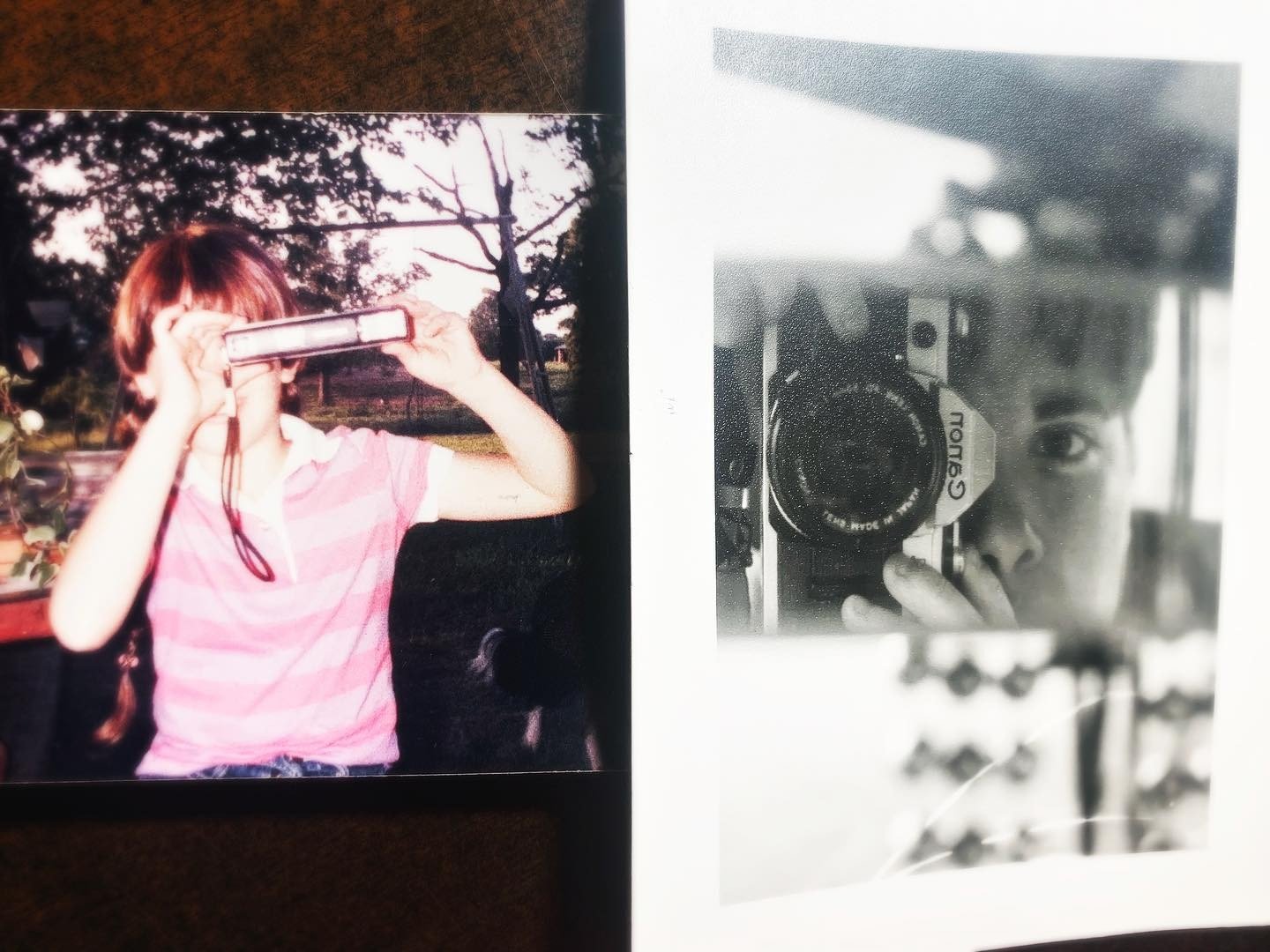 Photograph of a girl in a pink and white striped shirt taking a selfie with a vintage film camera outdoors, and a black-and-white photo of herself reflected in a mirror, holding a Canon camera.