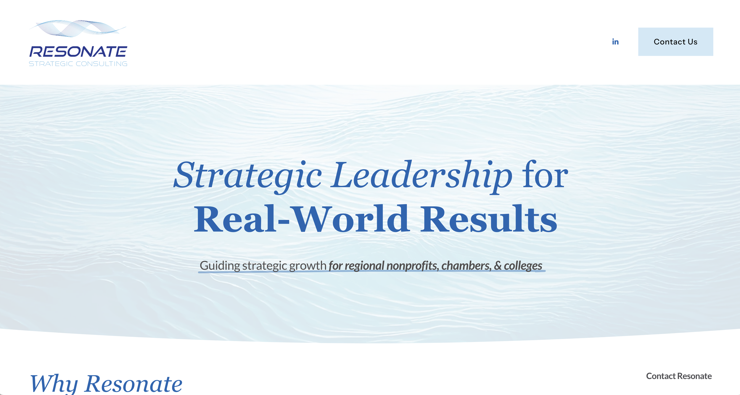 Resonate strategic consulting webpage with a blue water wave background, company logo, and the headline 'Strategic Leadership for Real-World Results' about guiding strategic growth for nonprofits, chambers, and colleges.