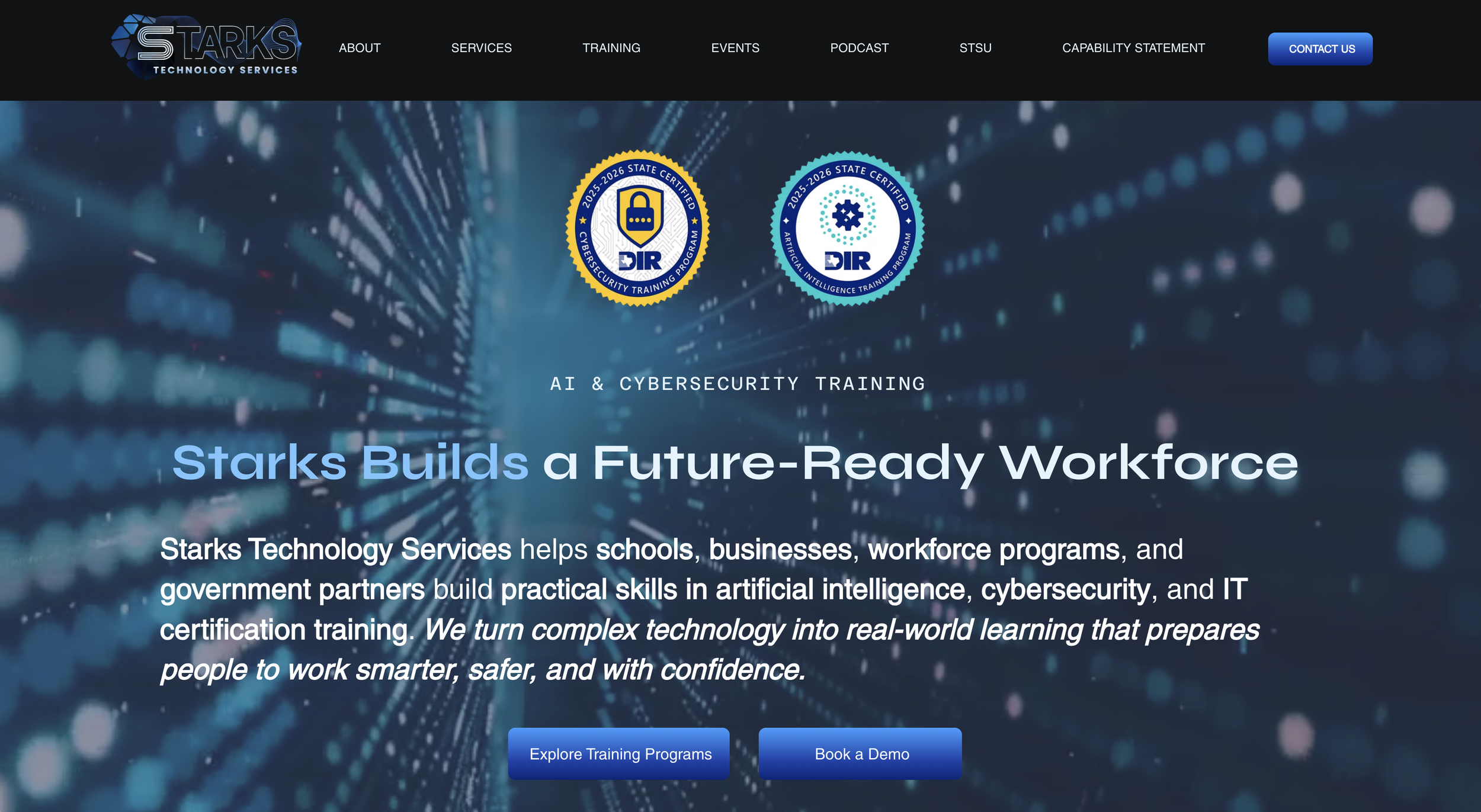 Homepage of Stark's Technology Services website highlighting AI and cybersecurity training programs, with badges for cybersecurity and artificial intelligence training certifications, and navigation options such as About, Services, Training, Events, Podcast, STSU, Capability Statement, Contact Us, and call-to-action buttons for exploring training programs and booking a demo.