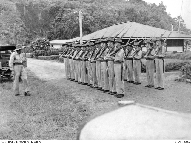 Salamaua, New Guinea, 1940-04-25. The Salamaua Platoon of the New Guinea Volunteer Rifles (NGVR) on parade, drilled by Sergeant Rogers. (Donor H. Walter) ID P01283.009, Australian War Memorial.