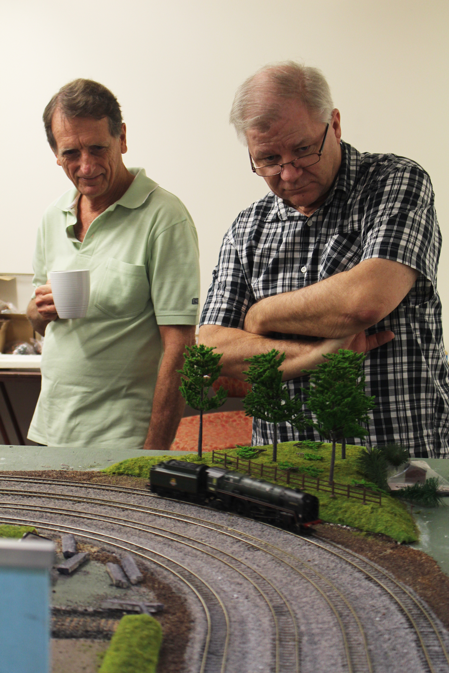 Left to right, visitor Brian McKenzie and founding member Peter Ball watch as the trains move around the track.