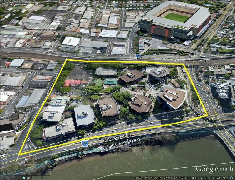 The Coronation Drive Office Park covers 4.5 hectares and is bounded by Cribb Street, the railway line, Boomerang Street and Coronation Drive.