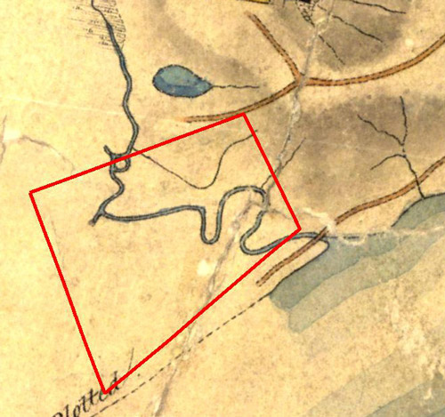 Part of the ‘Map of the Environs of Brisbane situate in the County of Stanley’, made by the surveyor Henry Wade in 1844, showing the extent of the CDOP site. (Queensland State Archives, Item ID 714302)