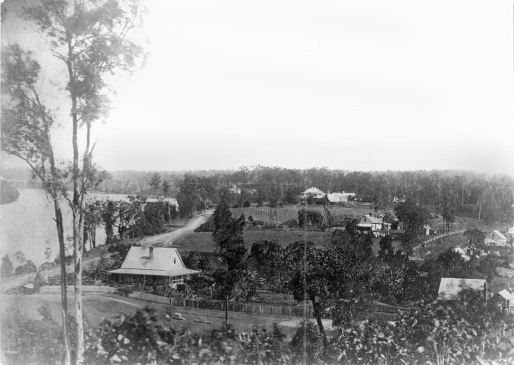 A view of Milton in the 1870s (or perhaps the 1860s). Boundary Street and the CDOP site are in the foreground, while Milton Farm and Milton House occupy the centre of the picture. The house in the foreground on the left is probably E.J. Bennett’s first residence, Sparkford Cottage, while the cottage just in front of the row of trees is probably the residence of John George Cribb. (State Library of Queensland, Negative No. 66141)