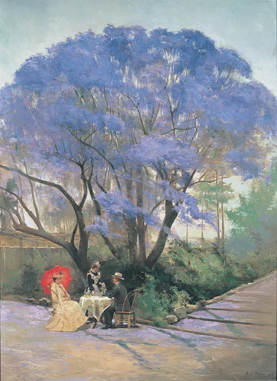 R Godfrey Rivers, England/Australia 1858–1925, Under the jacaranda 1903 , Oil on canvas, purchased 1903, Collection: Queensland Art Gallery, reproduced here under the copyright terms stipulated by the Gallery for non-commercial use.