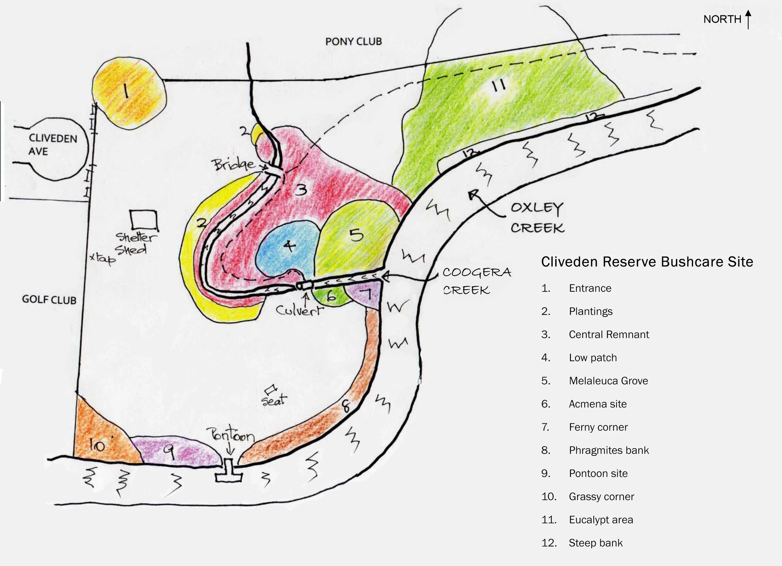 A hand-drawn map of the Cliveden Reserve Bushcare site