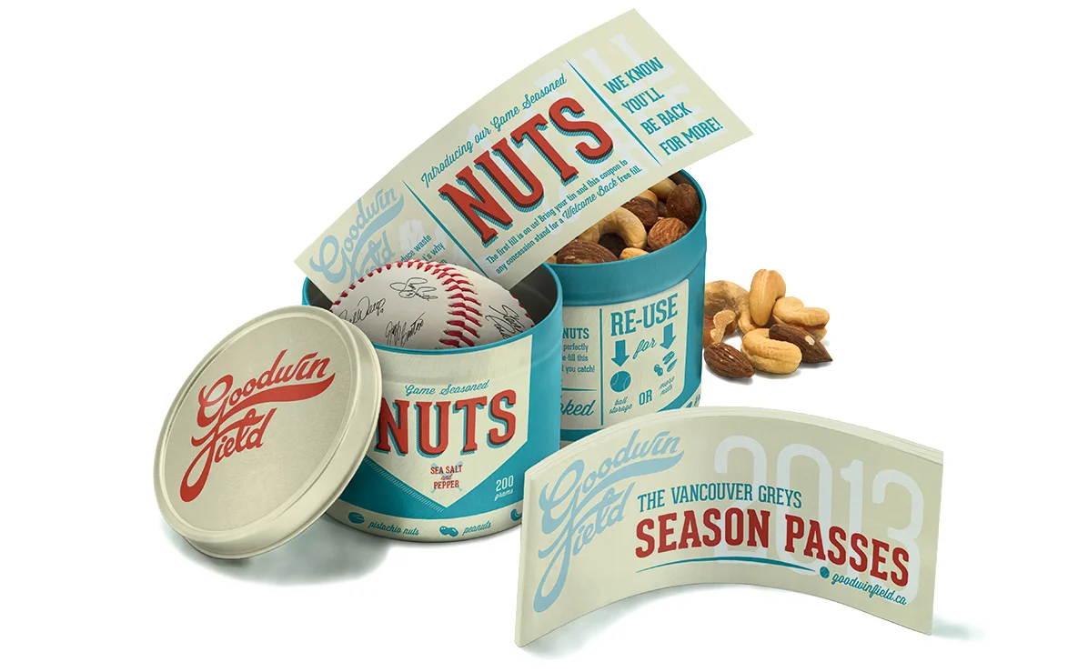Fans can re-use their ‘Game Seasoned Nuts’ package game after game, or even store a prized baseball. Season ticket holders get the branded can holding their tickets, a coupon for nuts, and a baseball signed by the players.