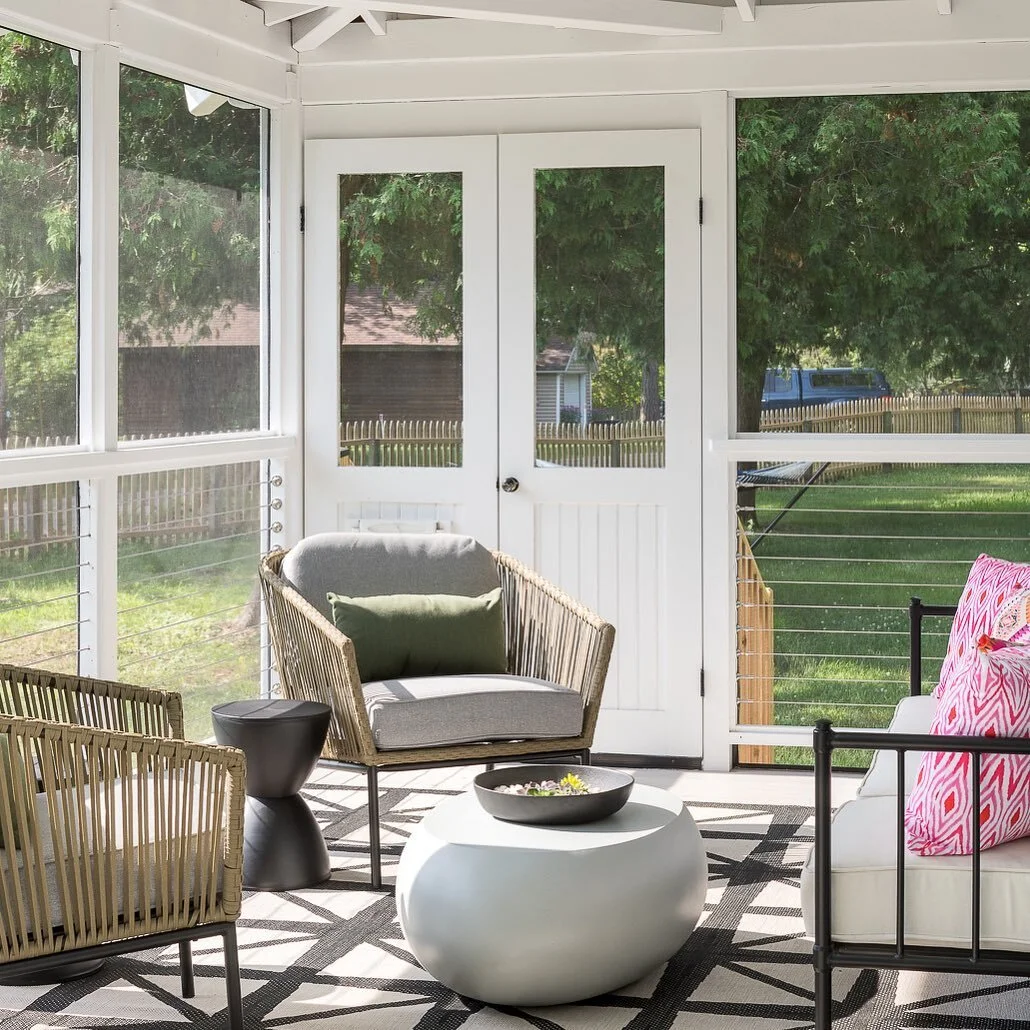 The perfect spot to enjoy a nice sunny day is right here, on this screened in porch, with a beautiful view of Lake Champlain staring you in the face. We loved designing this special spot for @goodjujuvacationrentals. Add a margarita and you&rsquo;re 