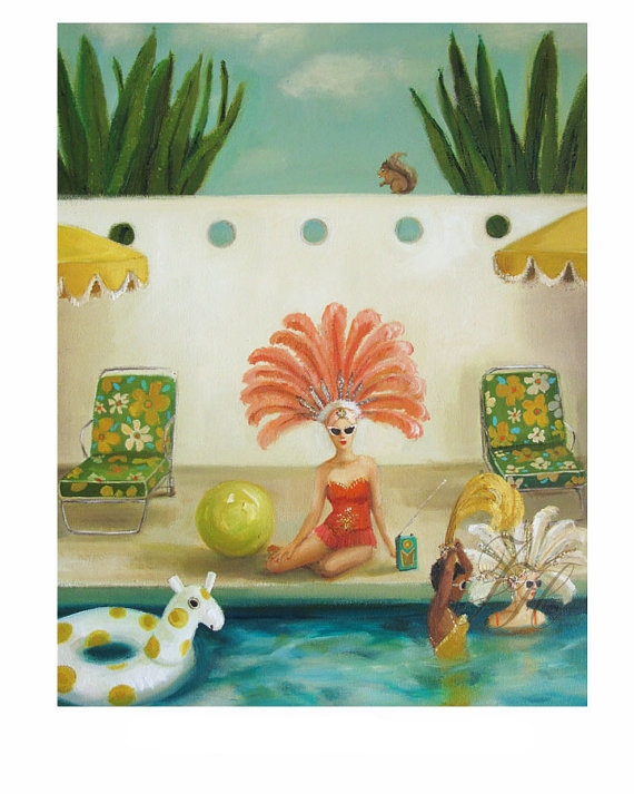 Poolside by Janet Hill I am in LOVE with Janet Hill. I would like to frame every single piece from her collection. Her work is whimsical, retro, colorful, nostalgic..I could go on and on. All I want to do is lay poolside in a gorgeous ostrich feather headdress. Anyone else? 