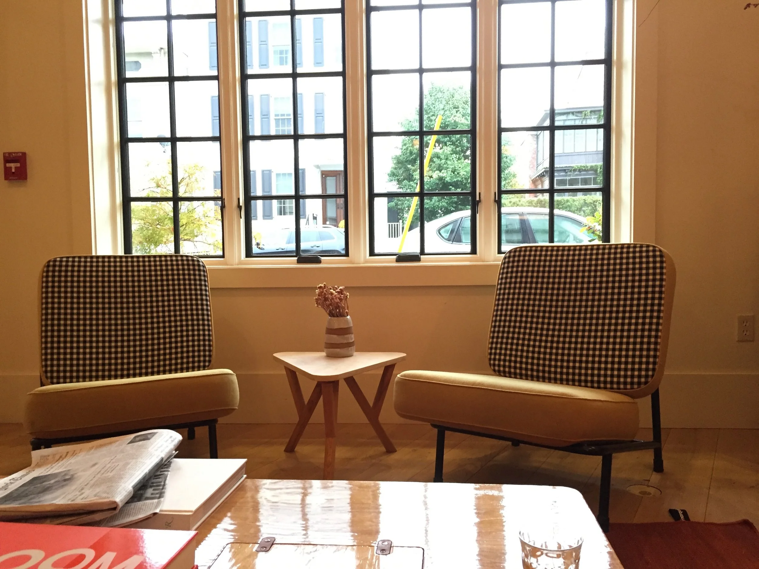 a reading corner in the lobby