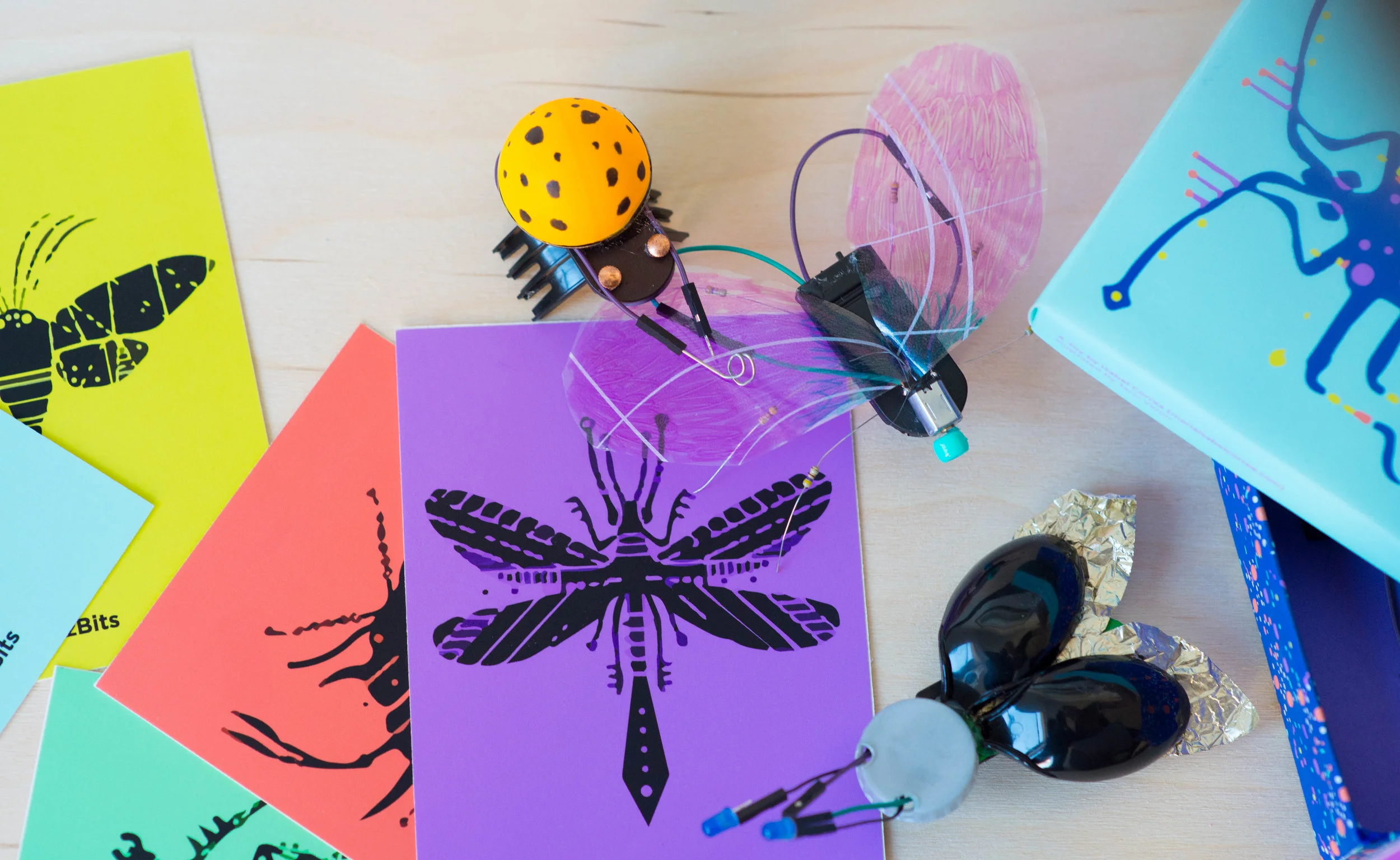 Each insect uses a different output and has a specific function that is going to be the main goal of the construction process, for instance, light-up, make sounds, or move around.
