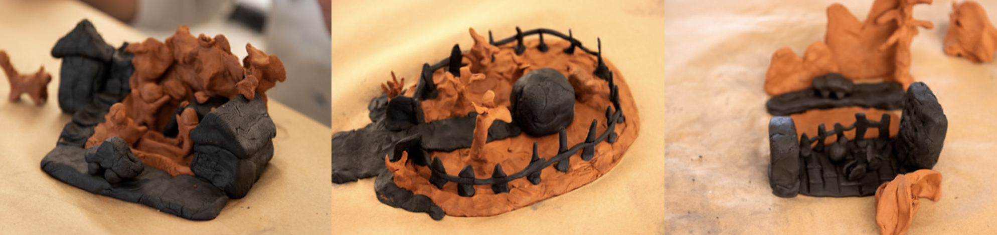 From left to right: Nan/Mimi, Trista/Zita, and Paula/Antonia’s models of the places where mothers grew up. Black was used for human-made things and brown for nature.