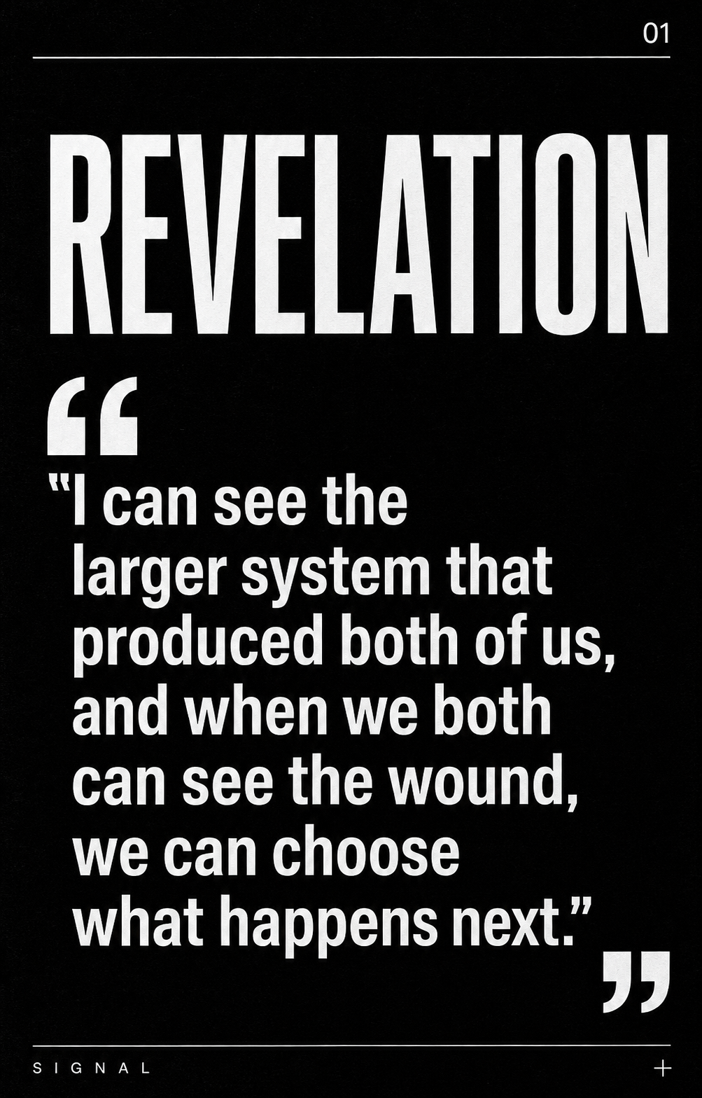 A black wall with white text displaying a quote about a larger system and the concept of revelation.