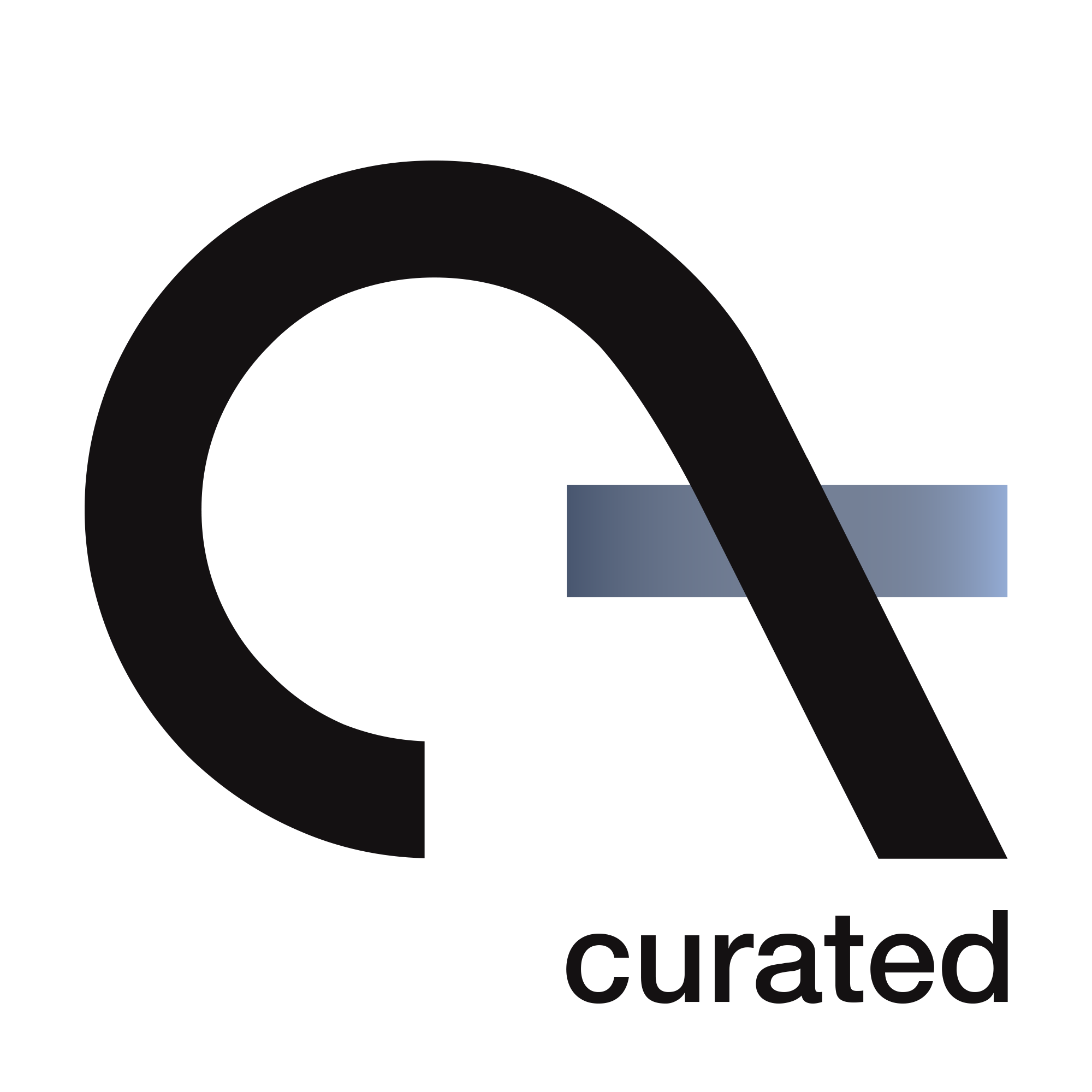 Logo of curated with a stylized 'Q' and a blue bar crossbar.