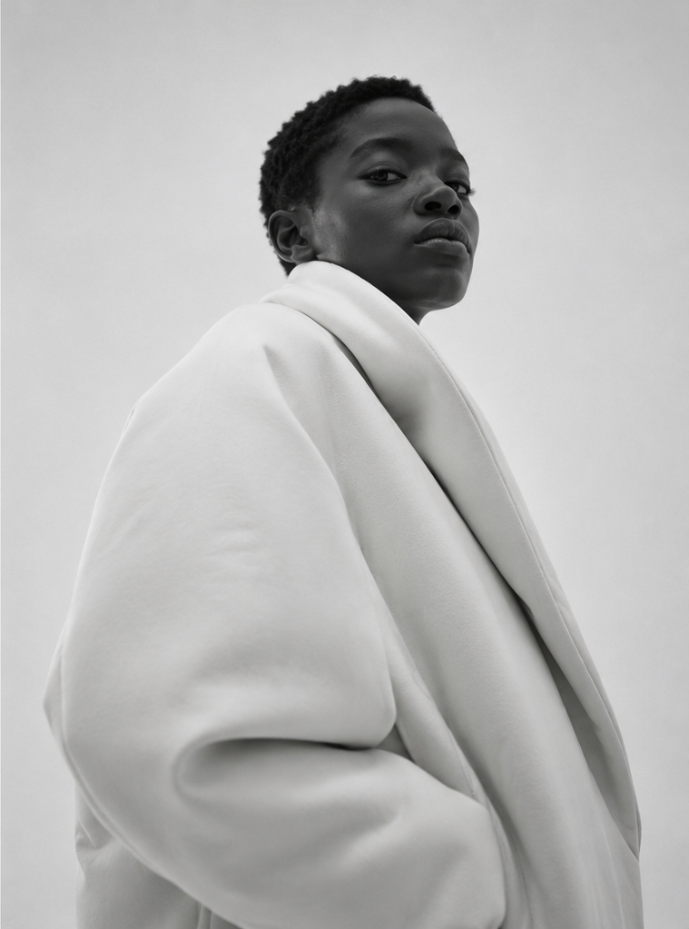 A Black person in a white coat looking confidently at the camera against a plain background.