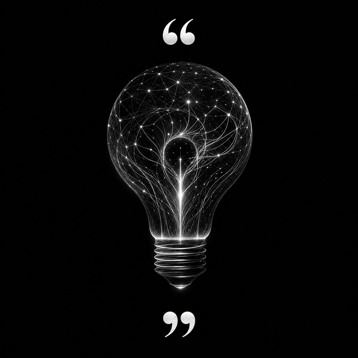 Futuristic digital illustration of a glowing light bulb with interconnected lines and points, set against a black background.