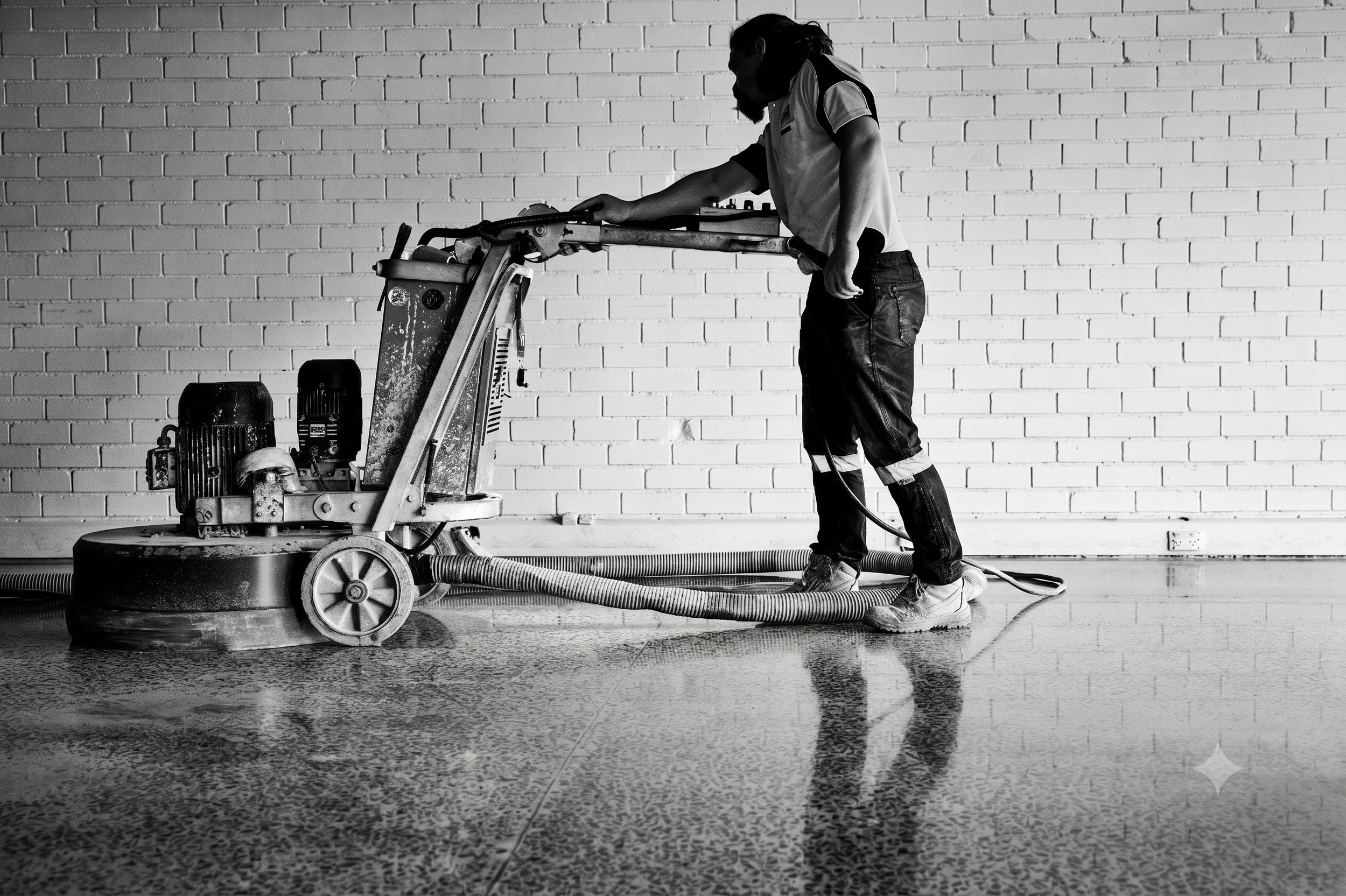 A person operating a floor polishing machine in front of a white brick wall. The person is wearing work boots, jeans, and a short-sleeve shirt. The scene is in black and white.