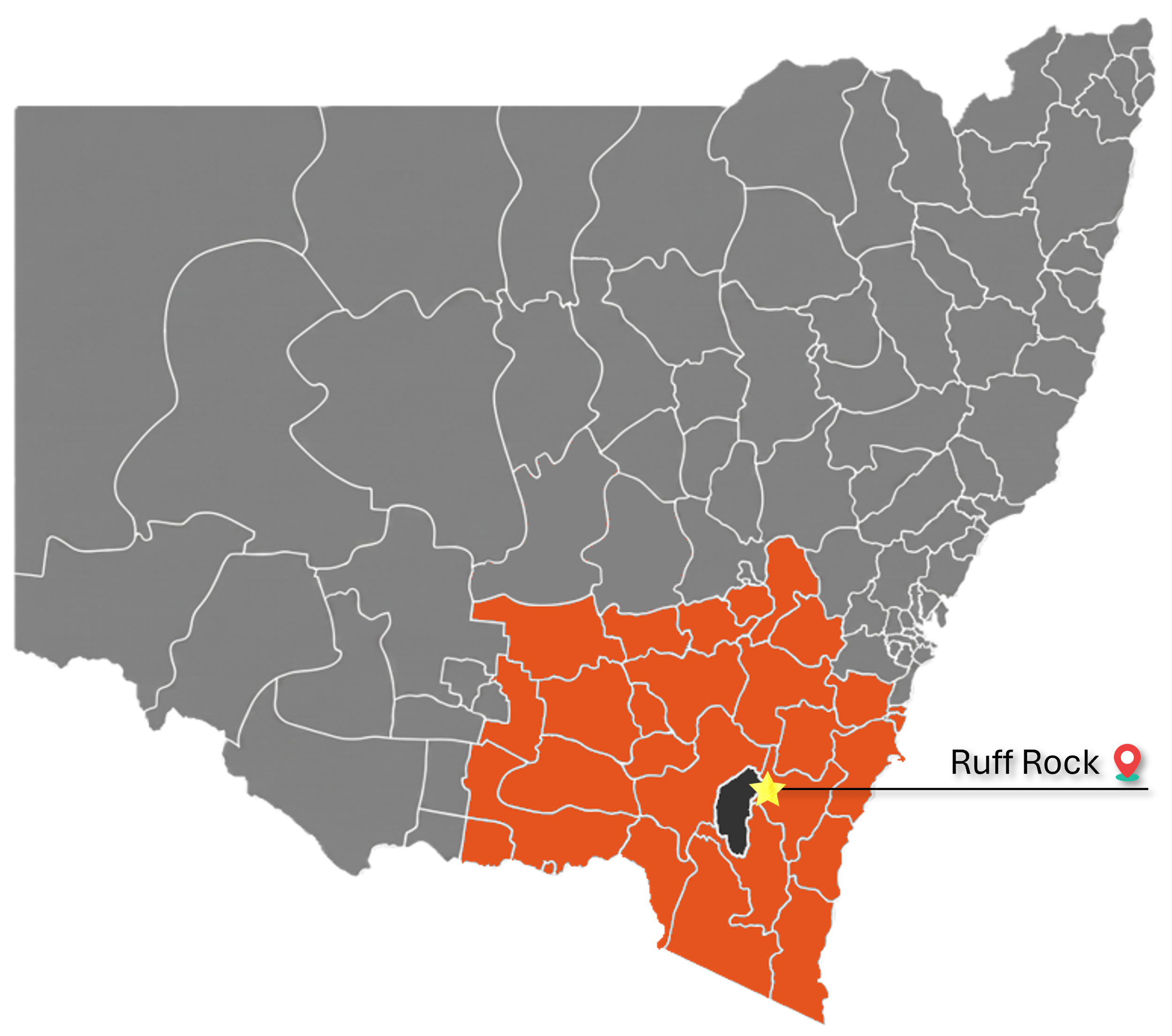Map of Africa showing its countries in gray, with some countries in Southern Africa highlighted in orange and one in South Africa marked with a yellow star.