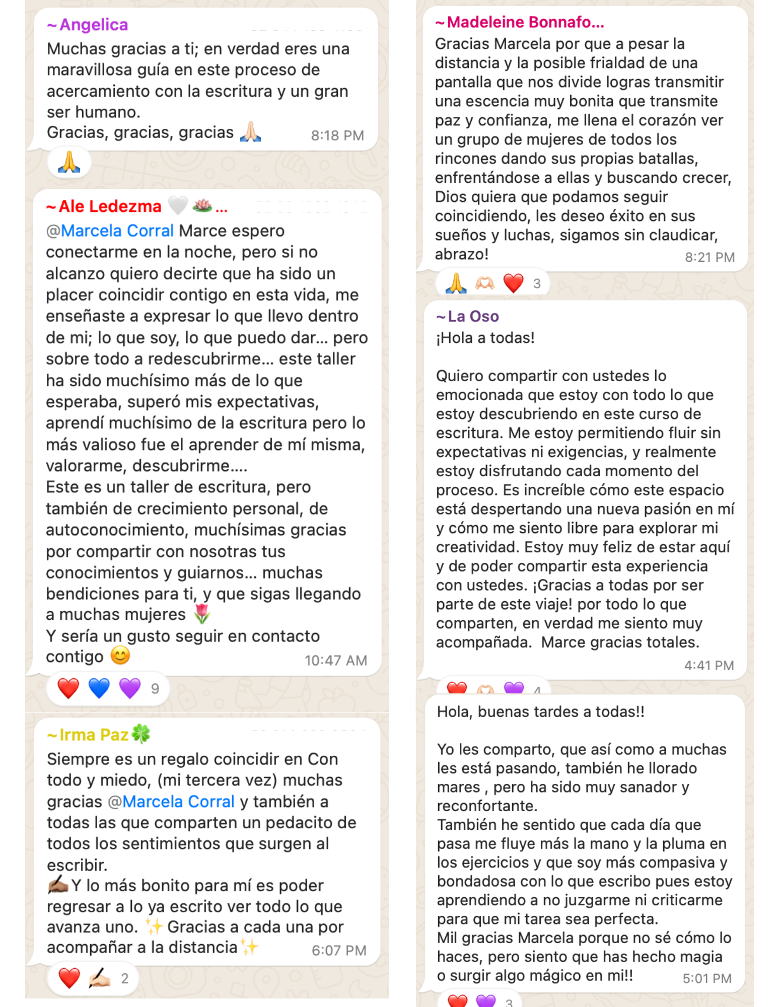 Testimonios de participantes del taller Con todo y miedo - Capturas de pantalla de mensajes reales de WhatsApp