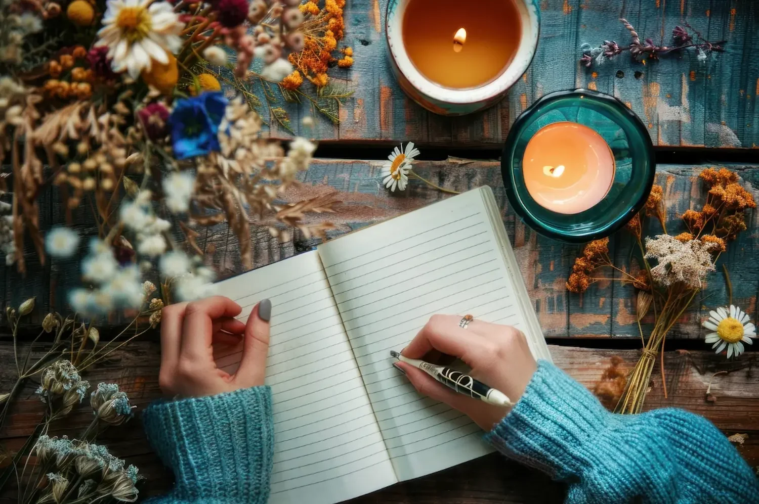 Manos escribiendo en cuaderno rodeado de flores secas y velas, taller de   escritura Con Todo y Miedo