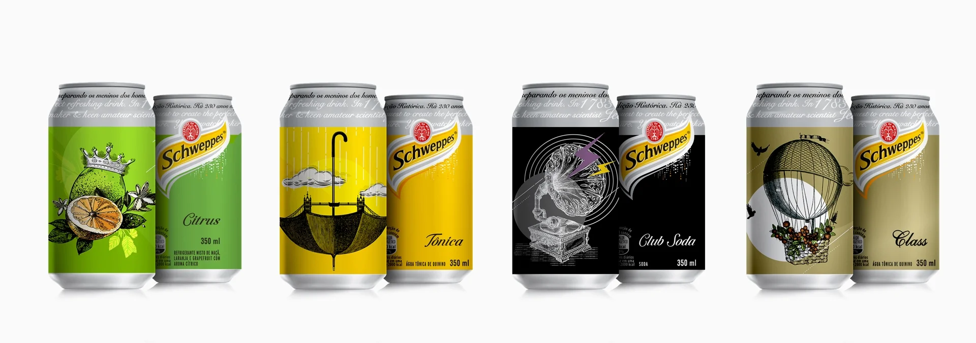 Schweppes is a globally respected beverage known for its quality and classic style. We were requested to develop a series of illustrations for the new packaging to be launched at the same time as the new global campaign. It combines classic and modern elements and explores visually the spirit of each flavor. 