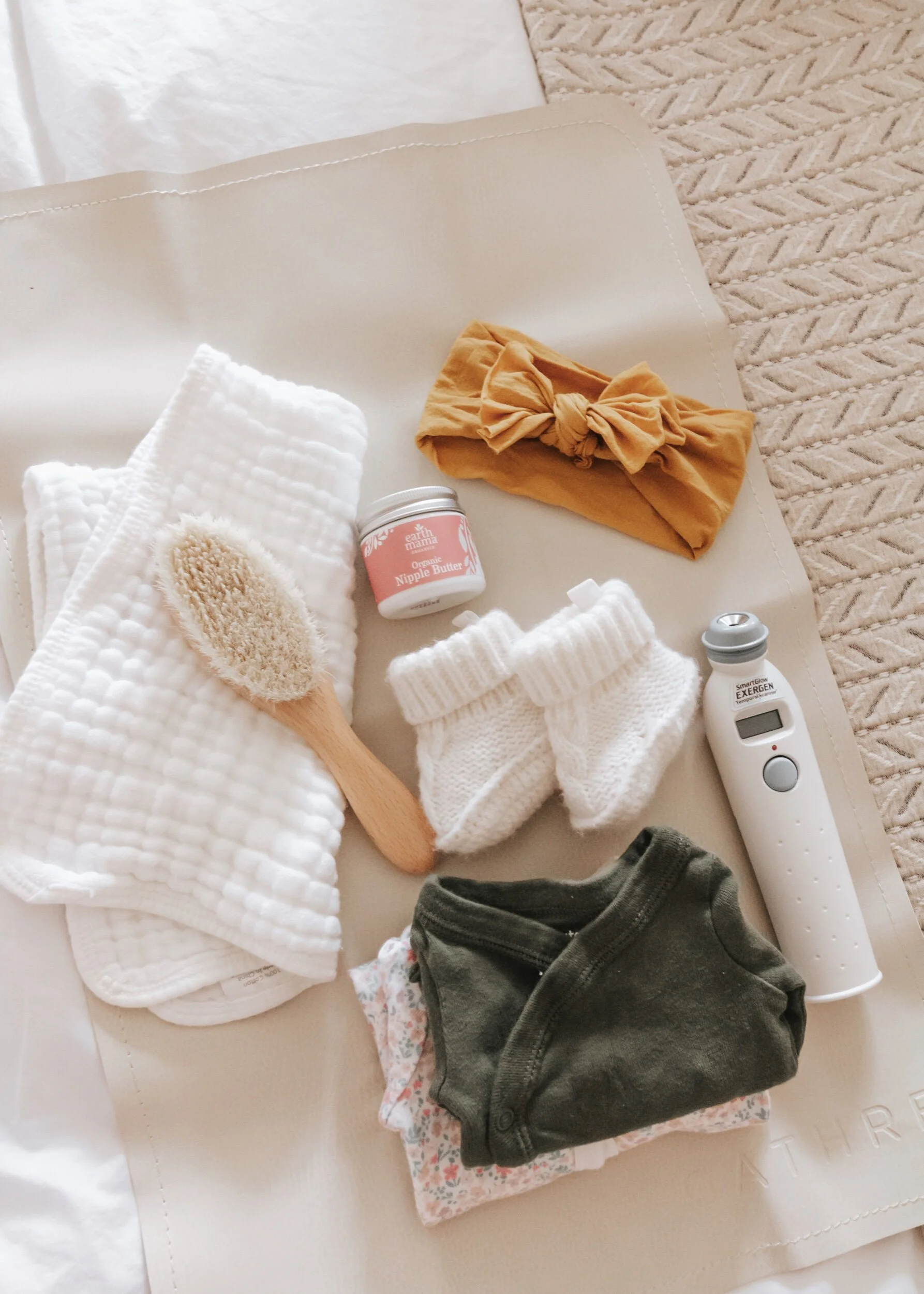 Burp Cloths | Hair Brush | Headband | Nipple Butter | Baby Booties | Changing Mat | Thermometer