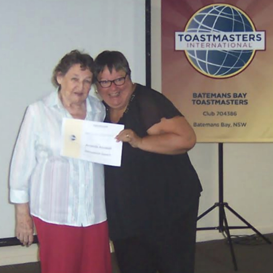 Amanda is presented with her certificate by Margaret Perger, President of Moruya Toastmasters Club