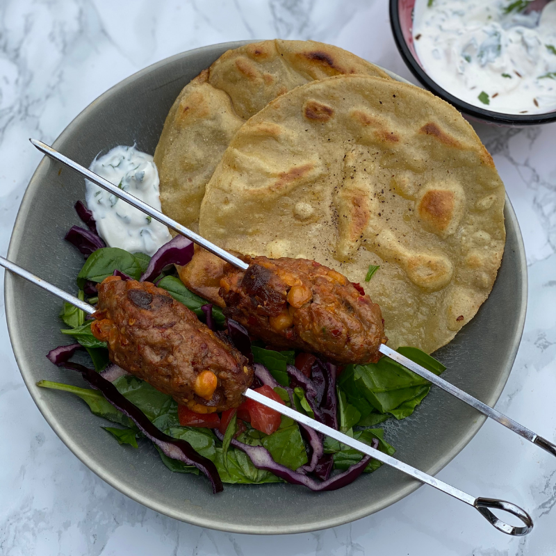 Harissa, chickpea and apricot lamb koftas 