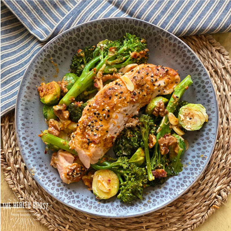 One pan salmon with harissa tahini dressing
