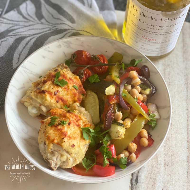 Hummus crusted chicken &amp; vegetables