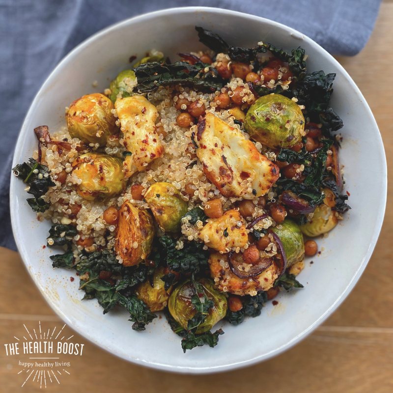 roasted brussel sprout salad with halloumi