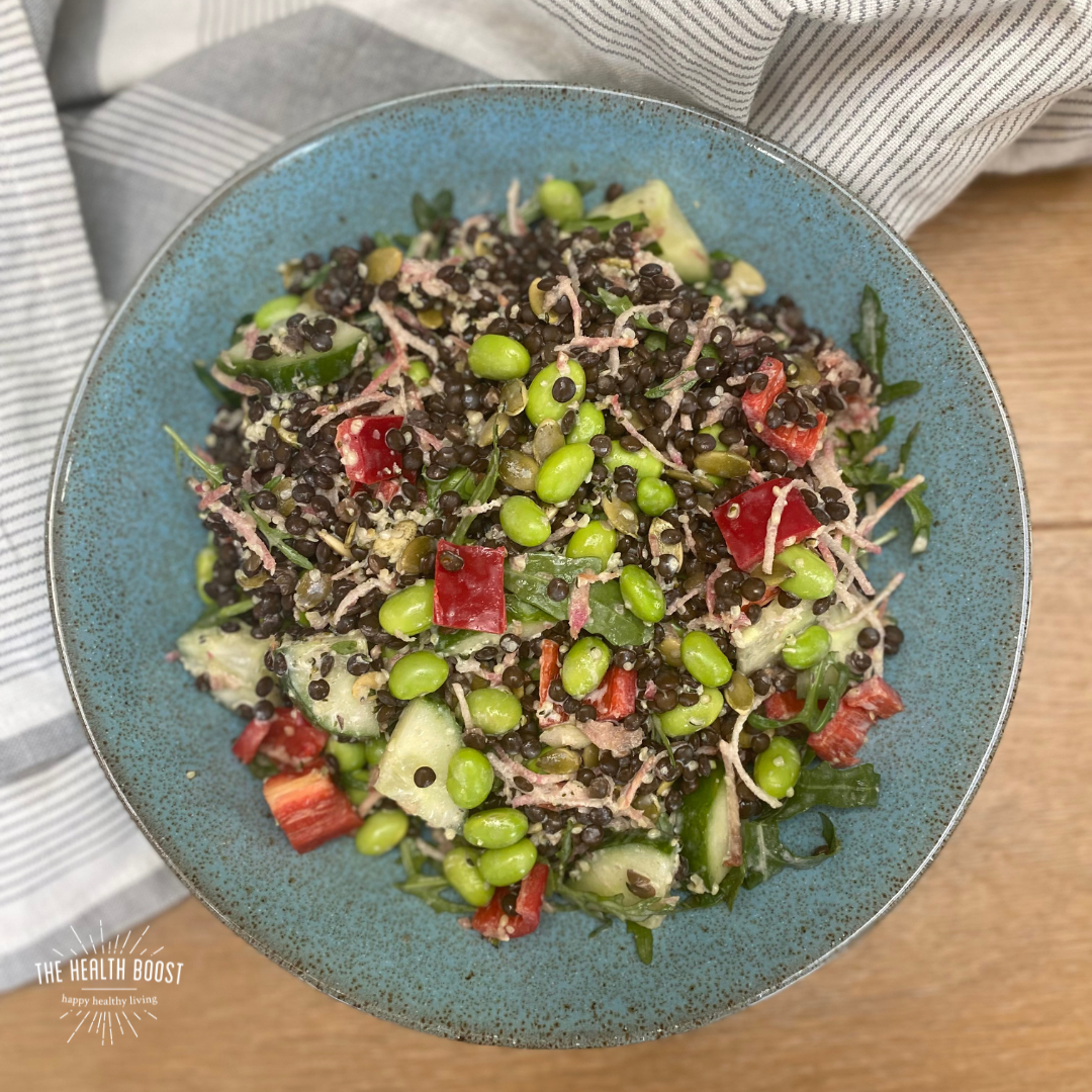 protein packed lentil and edamame bean salad