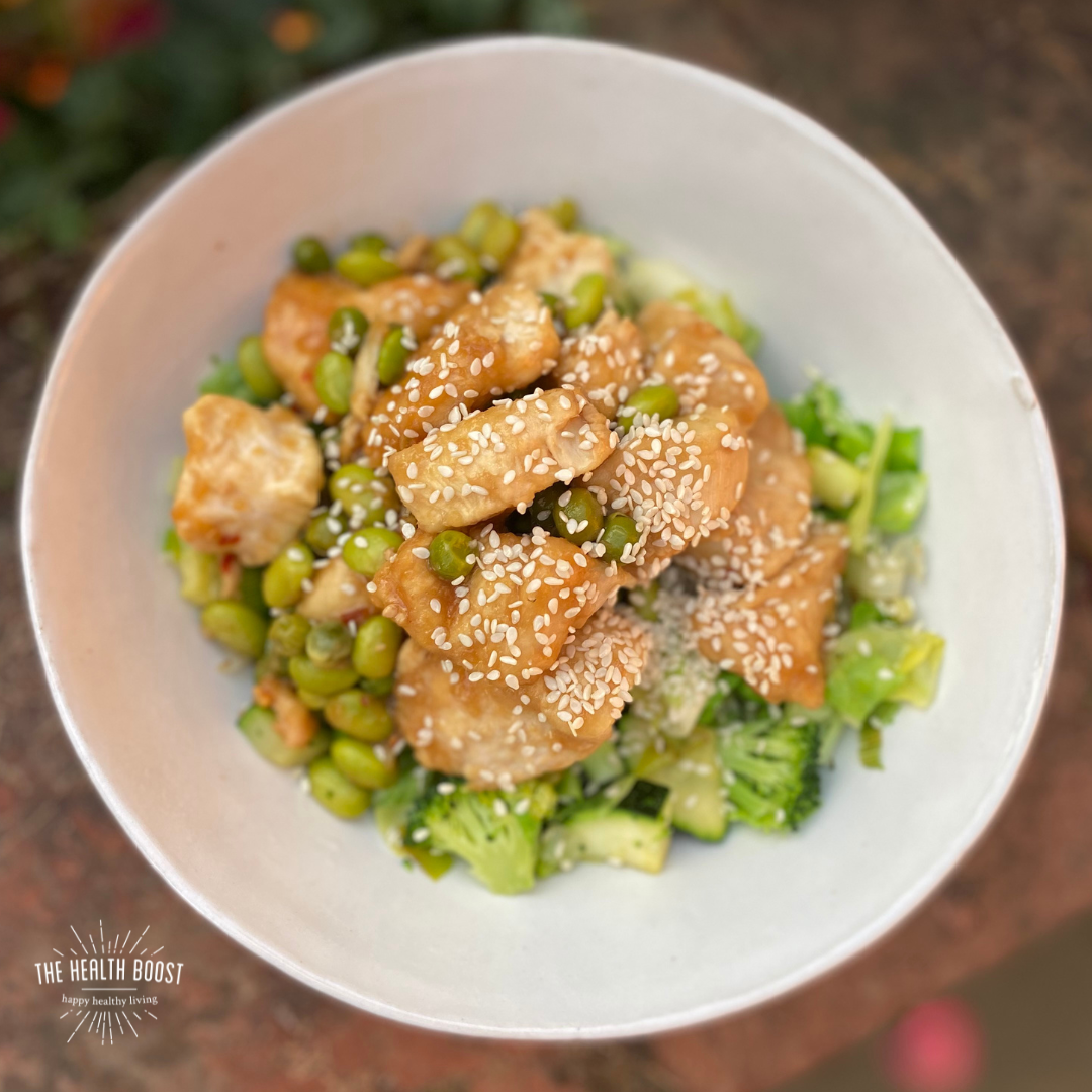 Sesame chicken and all the greens