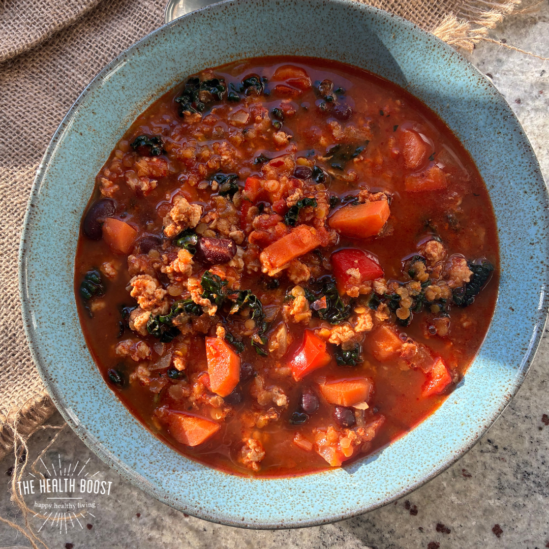 Hearty turkey mince, lentil and bean soup