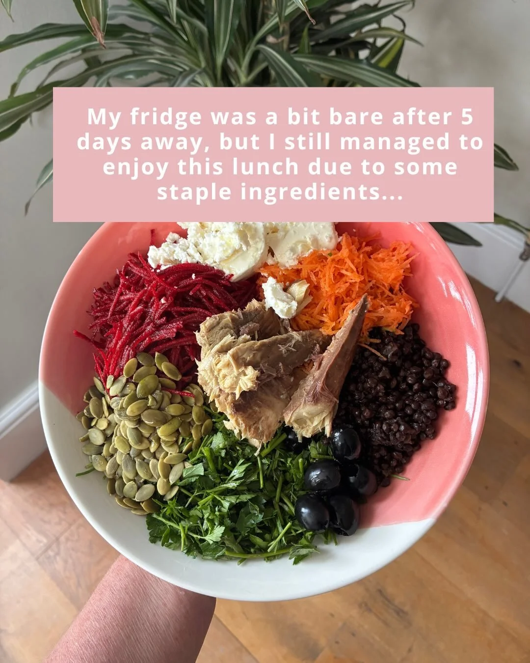 Lunch - 40g protein and 13g fibre.

Even when other family members stare in fridge and say there&rsquo;s nothing to eat I can rustle up a decent meal.

The trick is to have the right staples in your cupboards, fridge and freezers.

Do you know how to