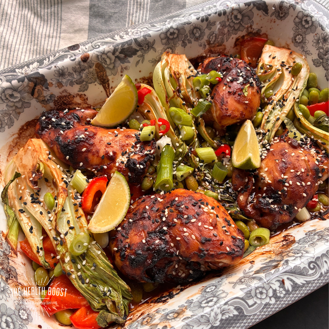 Miso and sesame chicken traybake with edamame