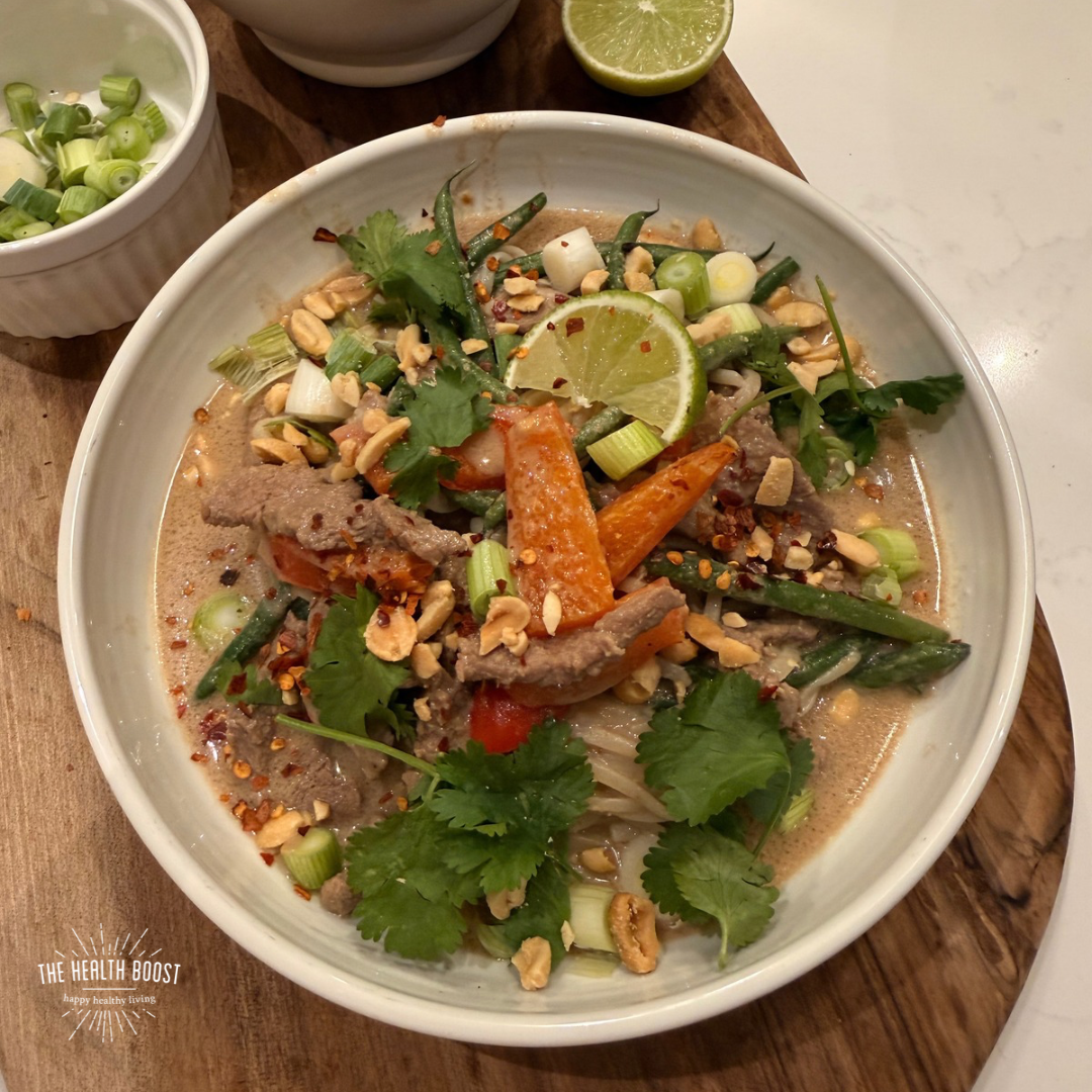 Asian beef &amp; peanut ramen bowl