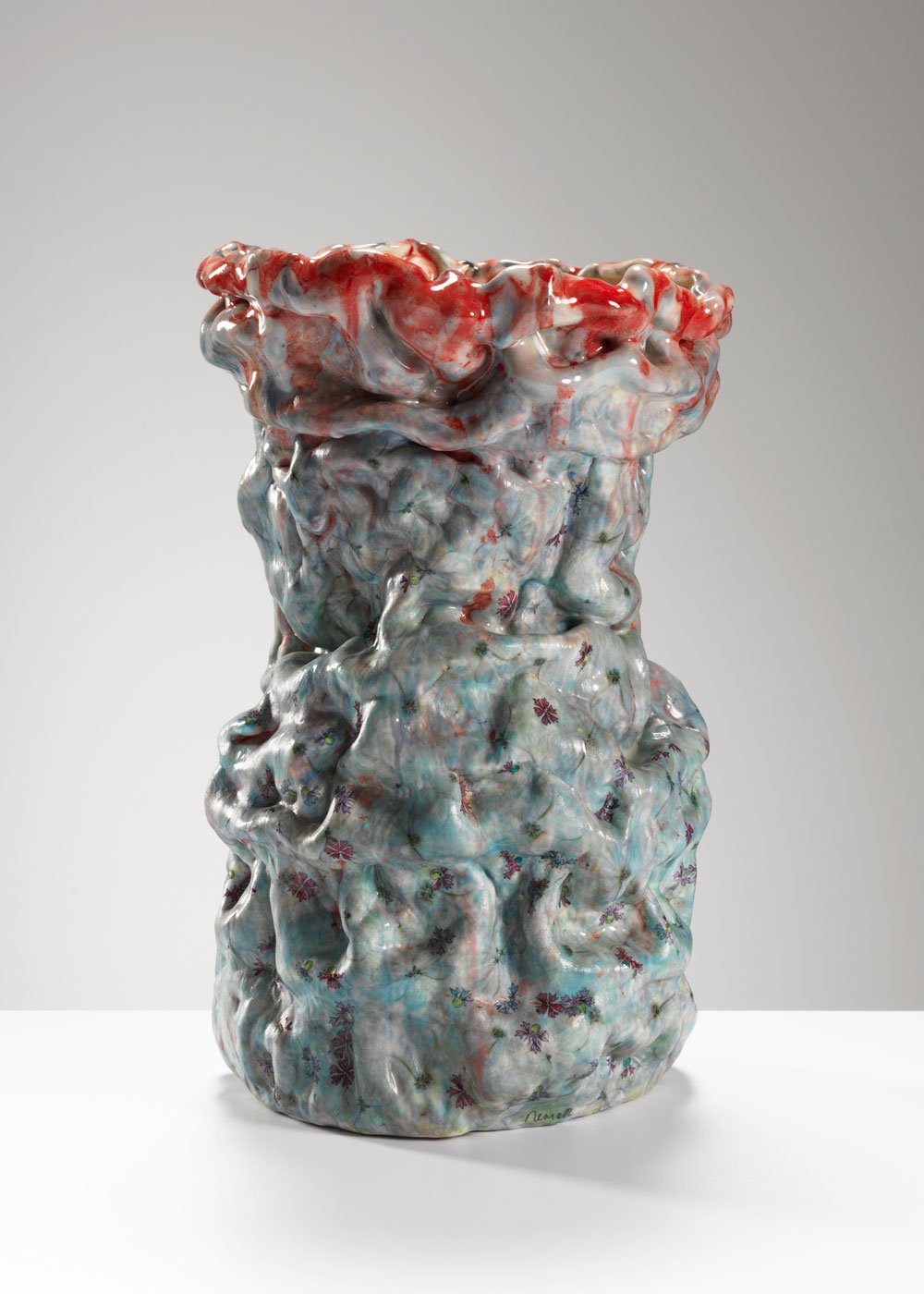 Blue Vase with Red Drip Glaze