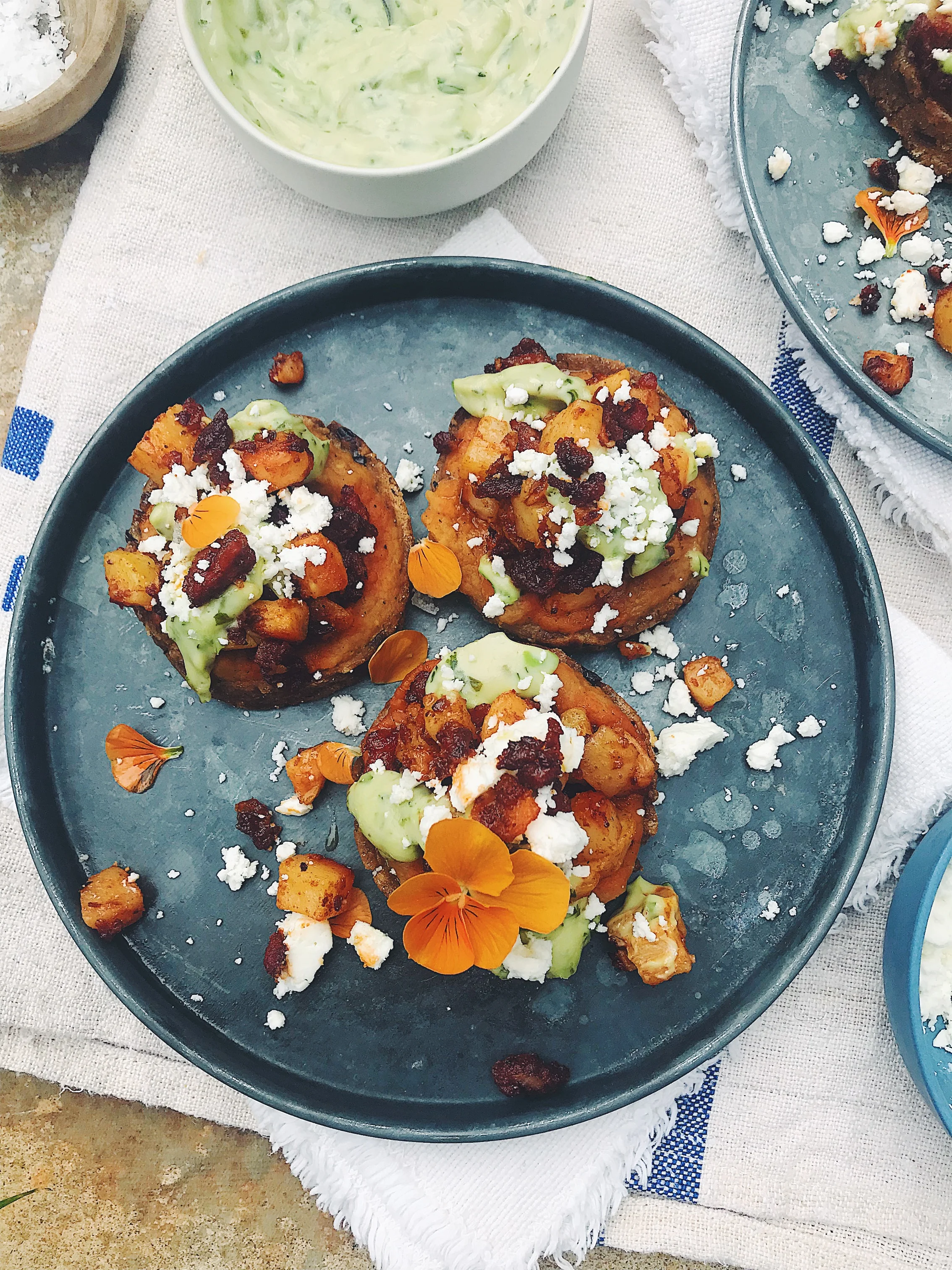 Caramelized Red Onion Sopes with Chorizo Potatoes and re-fried Red Lentils