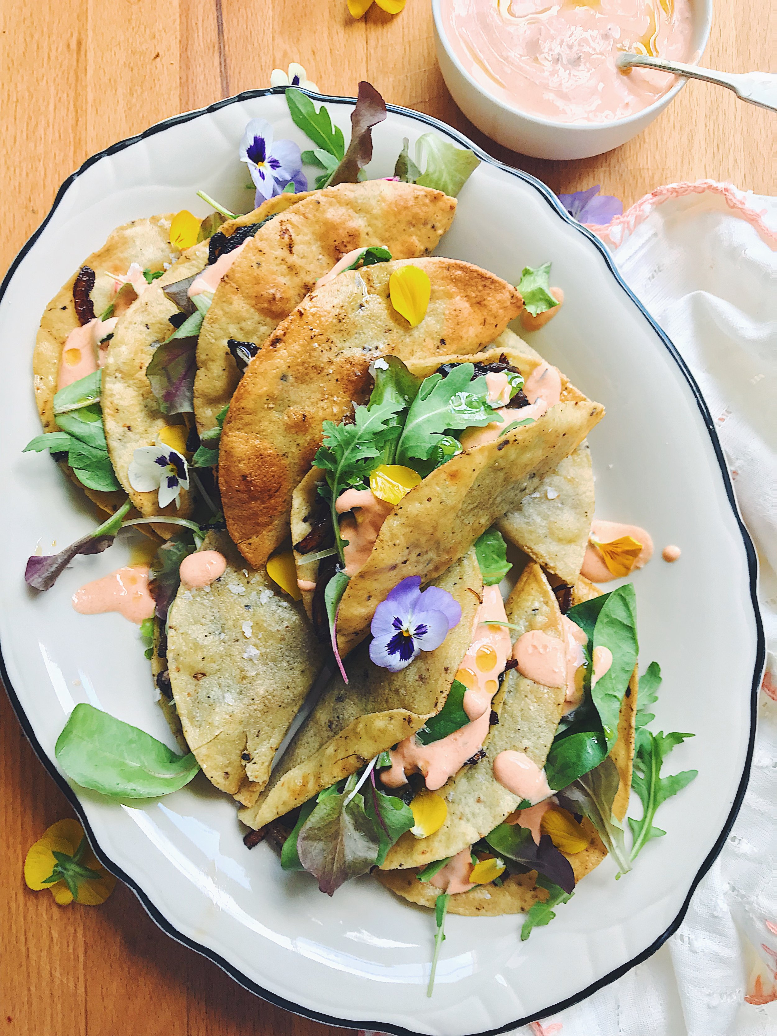 Zucchini Crispy Taquitos with Blistered Red Chili Crema.