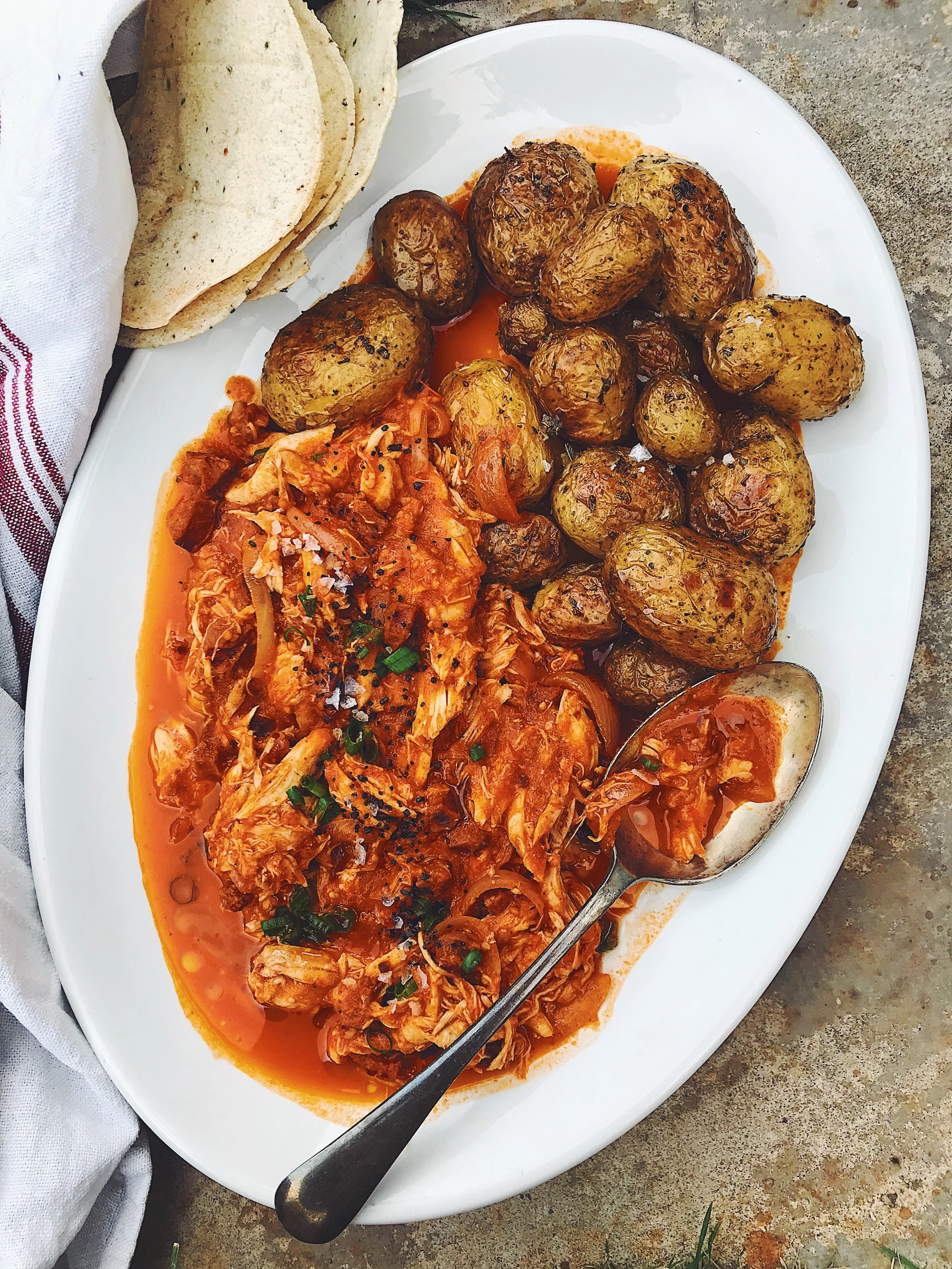 Chicken Tinga with Roasted Mexican Oregano New Potatoes