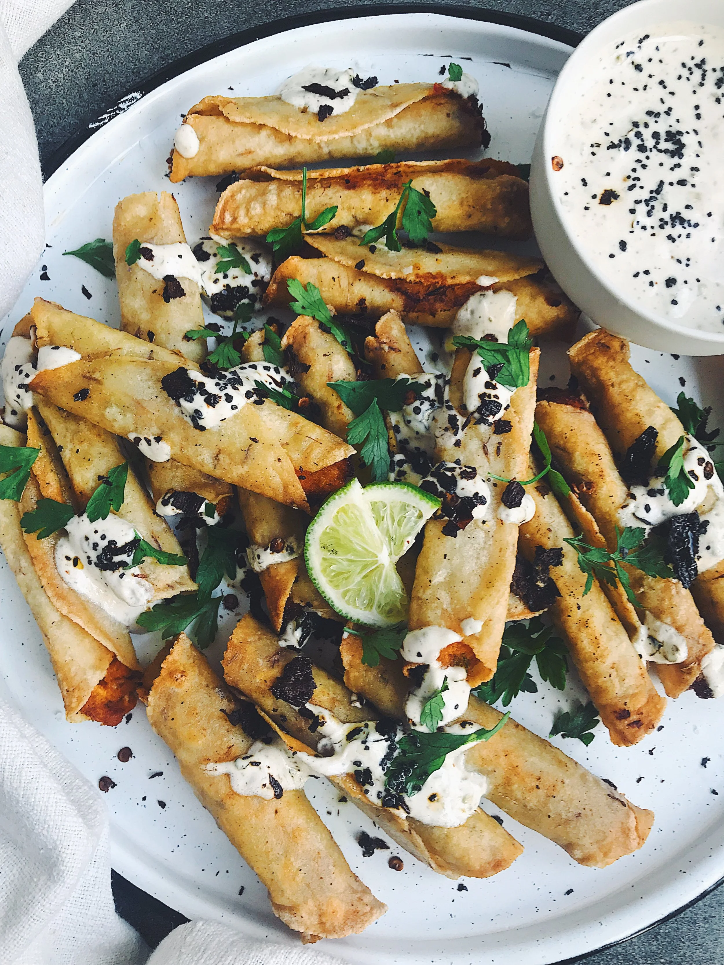 Refried Sweet Potato Flautas with Toasted Pasilla Crema