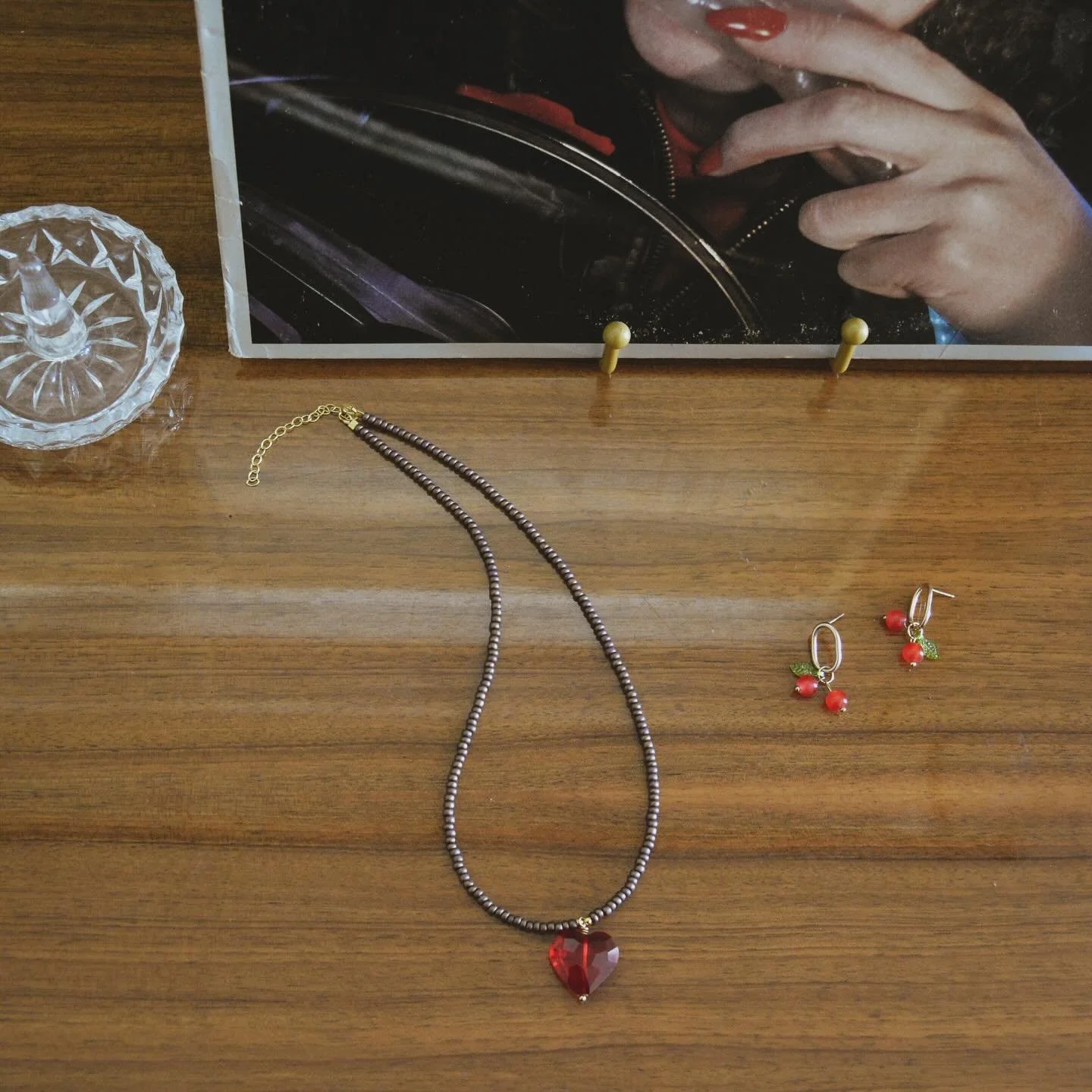 Adding pops of red for the holidays, Cranberry Drops &amp; Cocoa Heart Necklace. ✔️