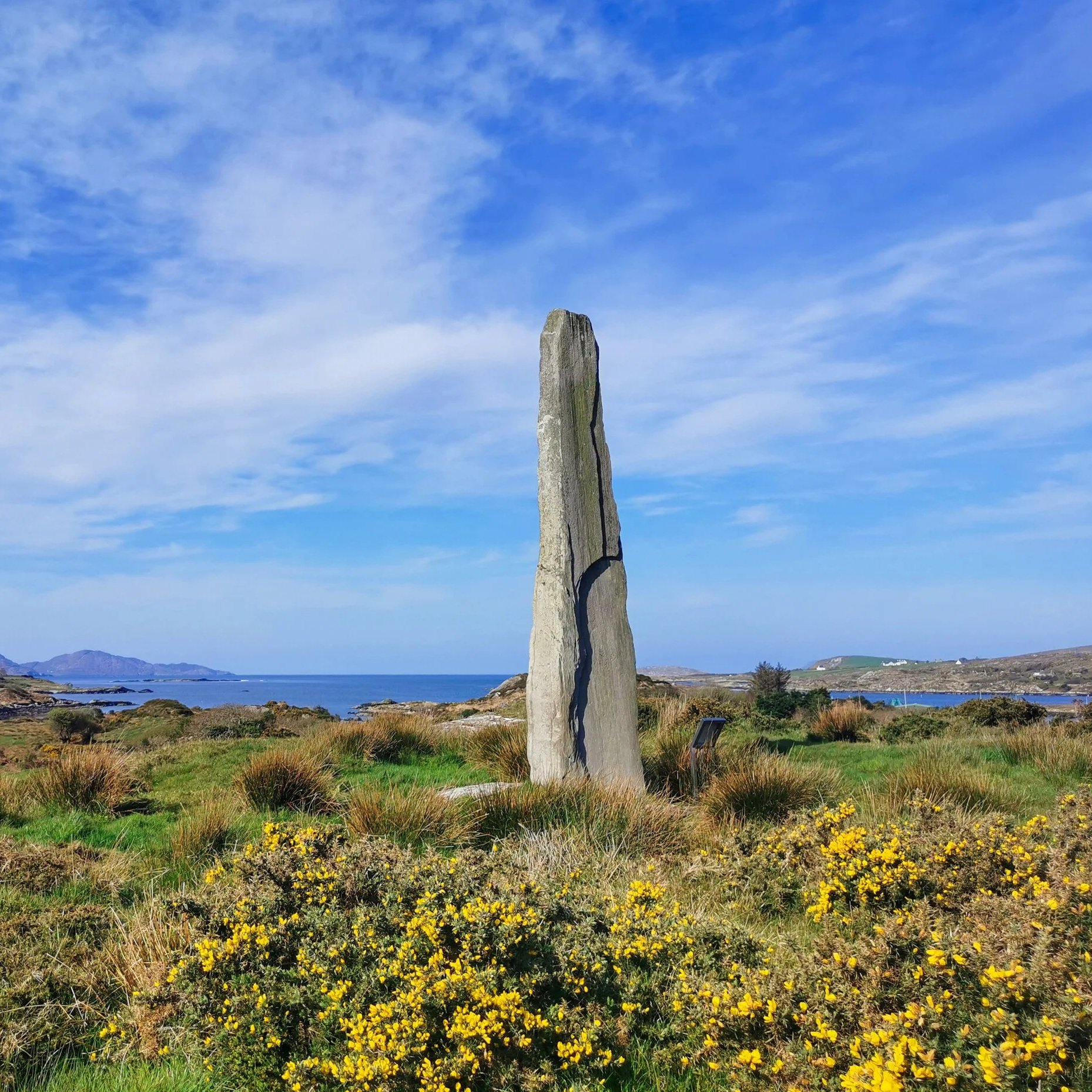 A tall, weathered granite stone standing upright in a grassy field with small yellow flowers, with hills, water, and a partly cloudy sky in the background.