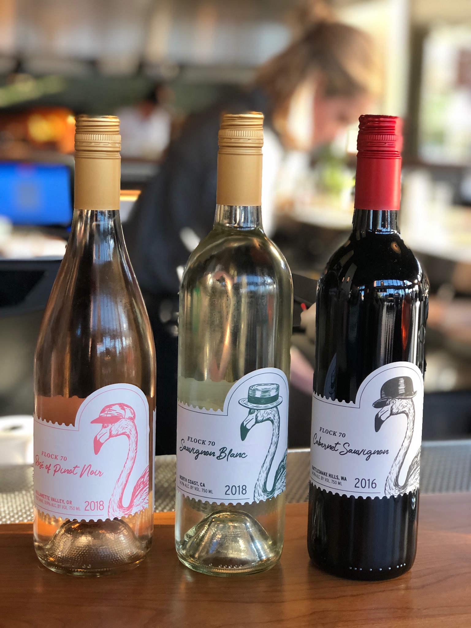 Flamingo illustrations on wine labels