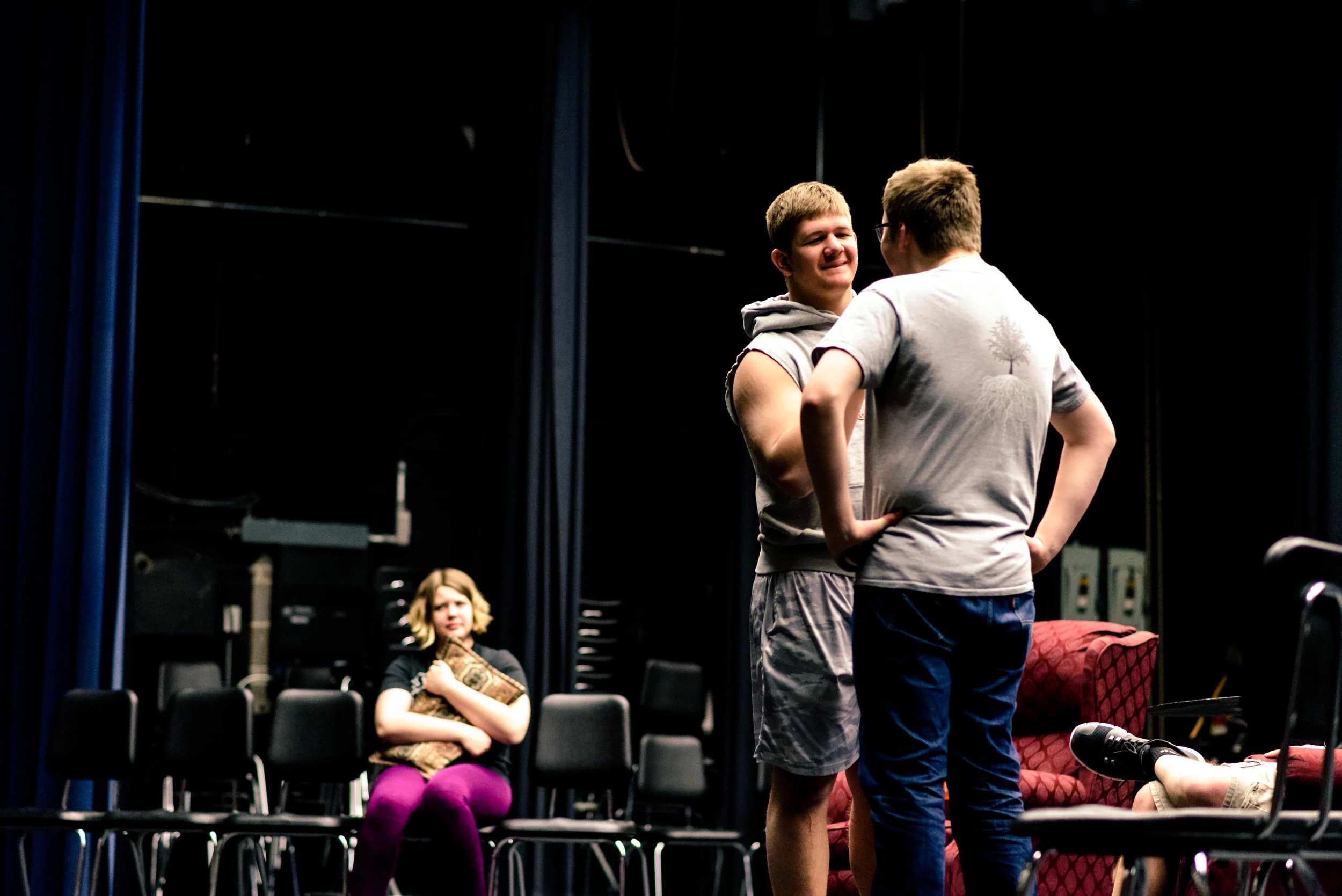 Dr. Brown (Wampler) offers his professional advice to Mr. Morlock (Reed) to calm his nerves as Mrs. Morlock (Nelson) listens in.